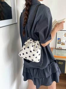 1pc Nylon Solid Color Drawstring Bucket Bag With Plush Charm Accessory, Fashion Crossbody Shoulder Bag For Women - White - View 7