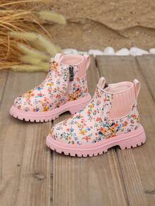 1 Pair New Soft Sole Non-Slip Baby Boots, Pastoral Pink Floral Pattern Children's Boots, Versatile Princess Short Boots For Little Girls - Pink - View 2