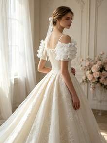 White Multi-Layer Ruffle Detachable Shoulder Sleeves, Strapless Wedding Dress Sleeve Covers With Tie Bow Design, Shoulder Accessory For Photoshoot - White - View 5