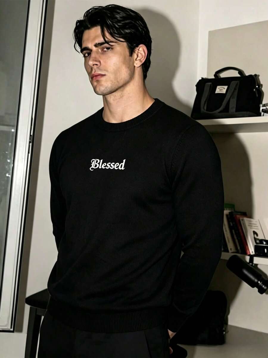 ALTZTAR Men's Embroidered Solid Color Crew Neck Long Sleeve Sweater - Black - View 1