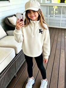 Young Girl Cartoon Letter Print Half-Chest Stand Collar Long Sleeve Top And Fitted Long Pants - White - View 1