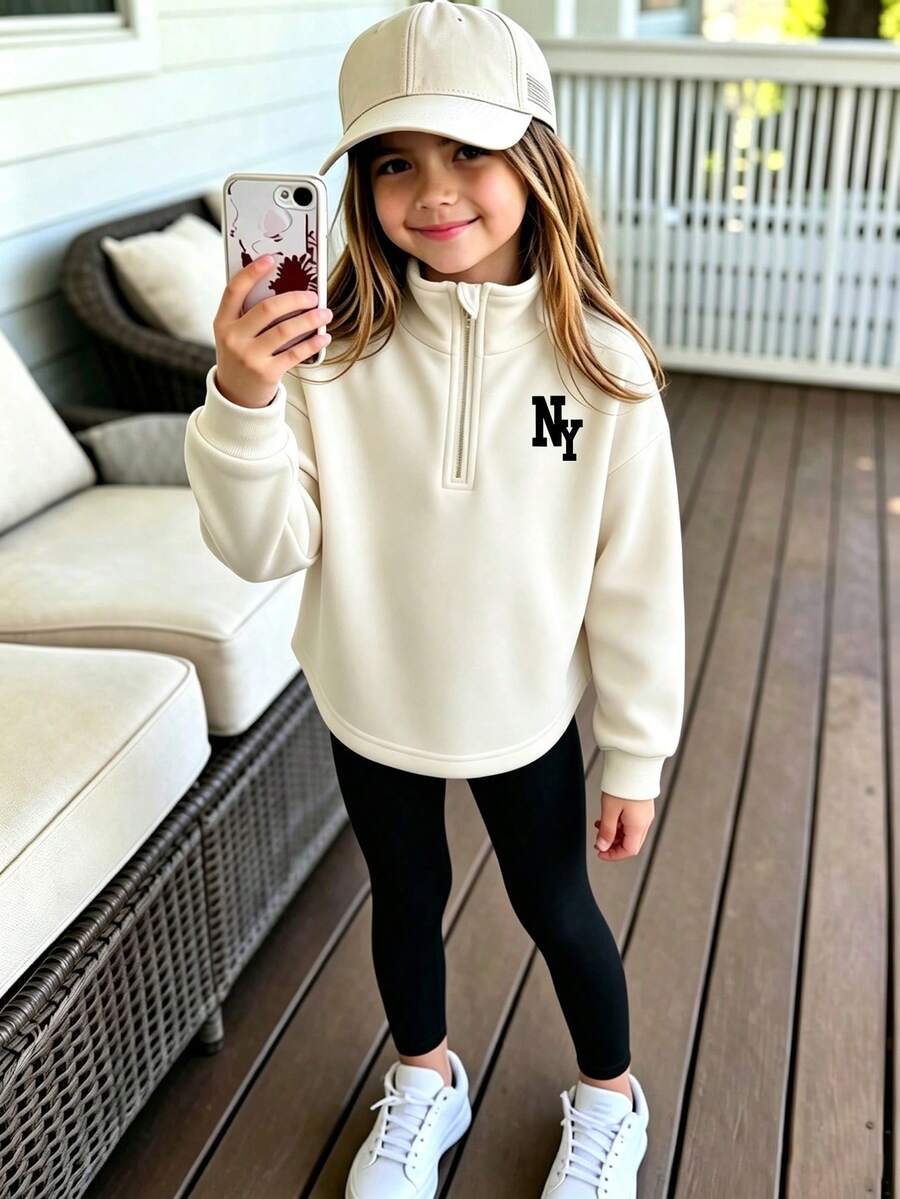 Young Girl Cartoon Letter Print Half-Chest Stand Collar Long Sleeve Top And Fitted Long Pants - White - View 1
