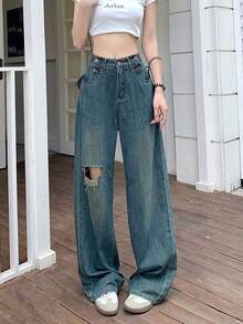 American Style Distressed Denim Jeans Women's Summer Design Vintage Loose Slouchy Wide Leg Long Pants - Blue - View 4
