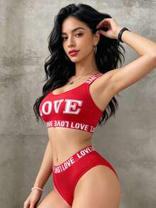 Runway Rest LOVE Letter Printed Sexy Sports Bra And Panties Set With Backless Design, Lingerie Set - Red - View 2