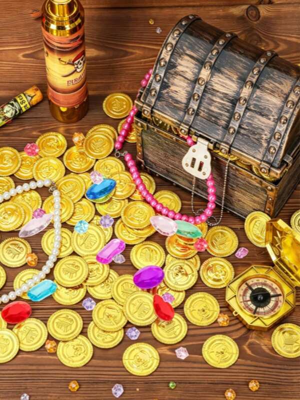 Pirate Gold Coins & Gemstone Jewelry Set - Vibrant Plastic Coins And Colorful Gems, Perfect For Party Games And Themed Decor, Halloween And Christmas Essential, Pirate Party Accessories