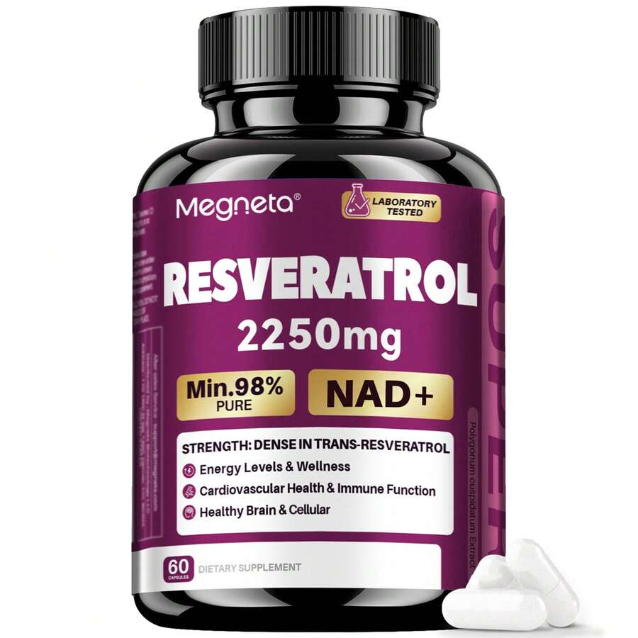 MEGNETA 2250mg High-Potency Resveratrol Supplement | Anti-Aging Antioxidant Support, Free Radical Defense, Brain Clarity & Cellular Energy | Collagen + NAD+ Boost, Gluten-Free For Men & Women | 60 Capsules (30 Servings) - Free Shipping, Quick Ship Items - One bottle - Trial stage - 查看 1