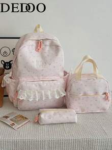 Dedoo 3pcs Backpack, Lunch Bag, Pencil Case Set, Full Floral Print, Waterproof Lace Trim Multi-Zipper Pockets, Large Capacity Storage, Suitable For Teenagers School Daily Use - Pink - View 10
