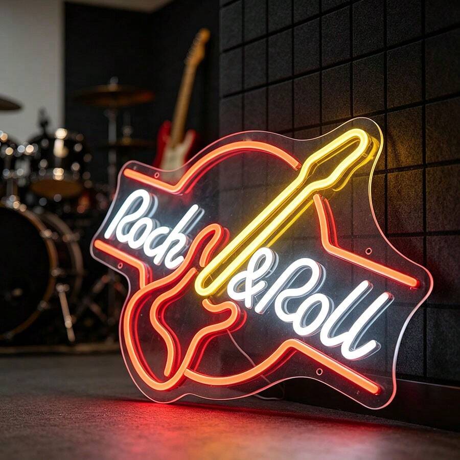 1 pieza Luz de neón LED con forma de guitarra Rock&Roll, adecuada para decoración de pared de bar de música, alimentada por USB, bajo voltaje, accesorio de pegatina de vidrio, base irrompible, sin sobrecalentamiento