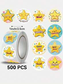 (500pcs/Roll) Yellow Five-Pointed Star Stickers, English Encouragement ...