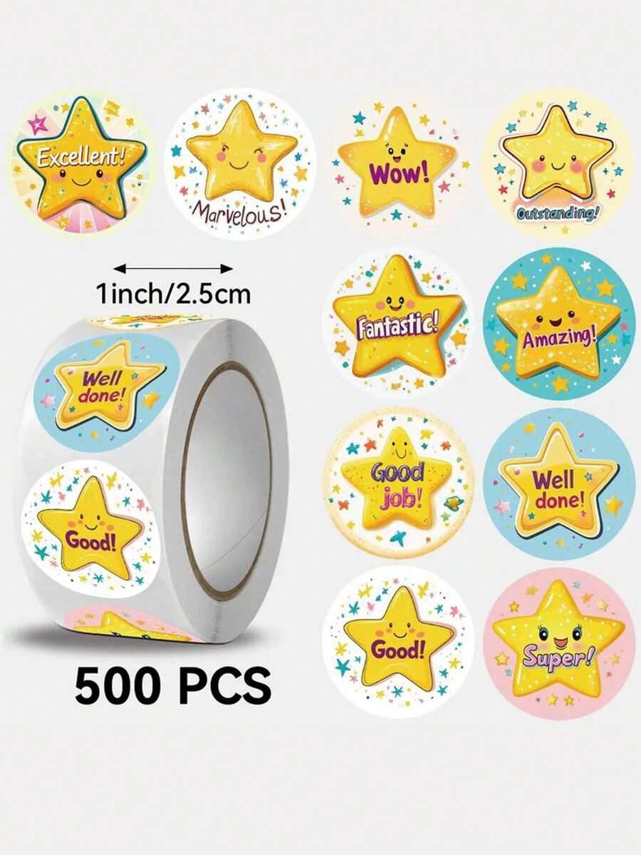 (500pcs/Roll) Yellow Five-Pointed Star Stickers, English Encouragement ...