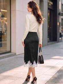 Rok Midi Satin Wanita Pinggang Tinggi dengan Hiasan Renda di Bagian Bawah - Hitam - View 9