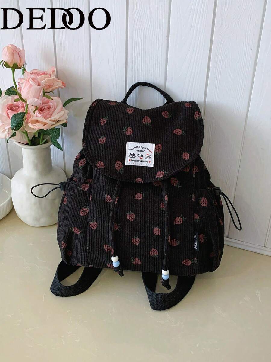 Dedoo Corduroy Drawstring Backpack,Bead Drawstring Side Pockets,Large Capacity,School Bookbag,College University Campus,Retro Sweet Style Campus Backpack