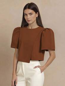 Blus Filipina Modern Minimalis Elegan dengan Lengan Kelopak dan Leher Bulat - Coffee Brown - View 1