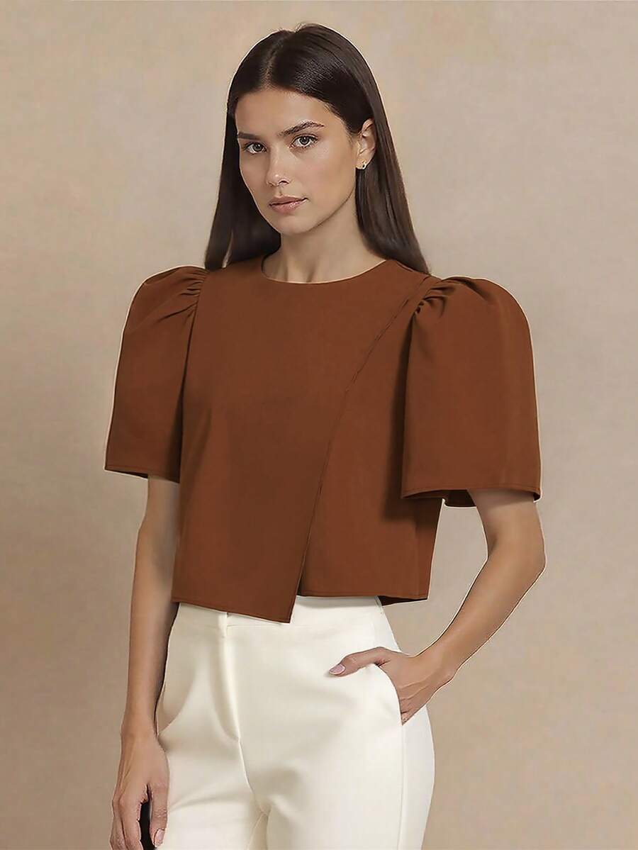 Blus Filipina Modern Minimalis Elegan dengan Lengan Kelopak dan Leher Bulat - Coffee Brown - View 1