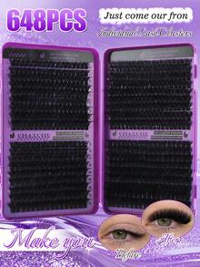 720/666/648/180 Clusters D Curl Single Strand False Eyelashes, Large Capacity, Suitable For Beginners, Long-Lasting Thick And Fluffy, Big Eye Makeup, Classic Realistic Bundled False Eyelashes, Includes Adhesive, Sealer, Tweezers, Brush - Purple - View 9