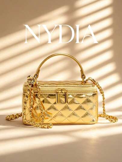 1PC Gold Diamond-Quilted Box Handbag – Adjustable Metal Chain Crossbody Bag, Stylish Evening Party Shoulder Bag – A Great Choice For Women