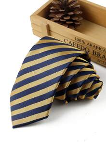 ZLQ&GOU 1pc College Style Yellow & Blue Striped Design Tie, 7cm Polyester Jacquard Men's Necktie, Suitable For Wedding Party Gathering Gift Tie - Multicolor - View 7