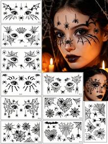 10pcs Spider Eye Shadow Tattoos, Featuring Various Spider Web And Spider Designs, Suitable For Areas Around The Eyes, Neck, Arms, Ankles, Etc. Can Be Customized DIY-Style, Perfect As Halloween Gifts For Friends - Black - View 12