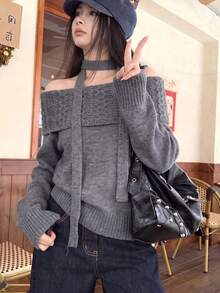 Autumn/Winter New Slouchy Off-Shoulder Cable Knit Sweater Halter Neck Ribbon Pullover Knit Top - Grey - View 4
