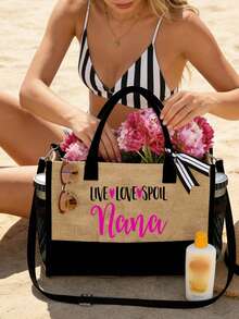 3件組拼色亞麻托特包套組，印有「LIVE LOVE SPOIL NANA」字母圖案，大容量時尚托特包，附拉鍊拼色錢包，桃紅色愛心字母圖案，通勤托特包＋收納包，教會活動禮物，大容量設計，側邊水壺網袋，方便攜帶聖經、筆電、水壺、雨傘等，適合生日禮物、教師節禮物、母親節禮物，度假必備用品 - 彩色 - 查看 9