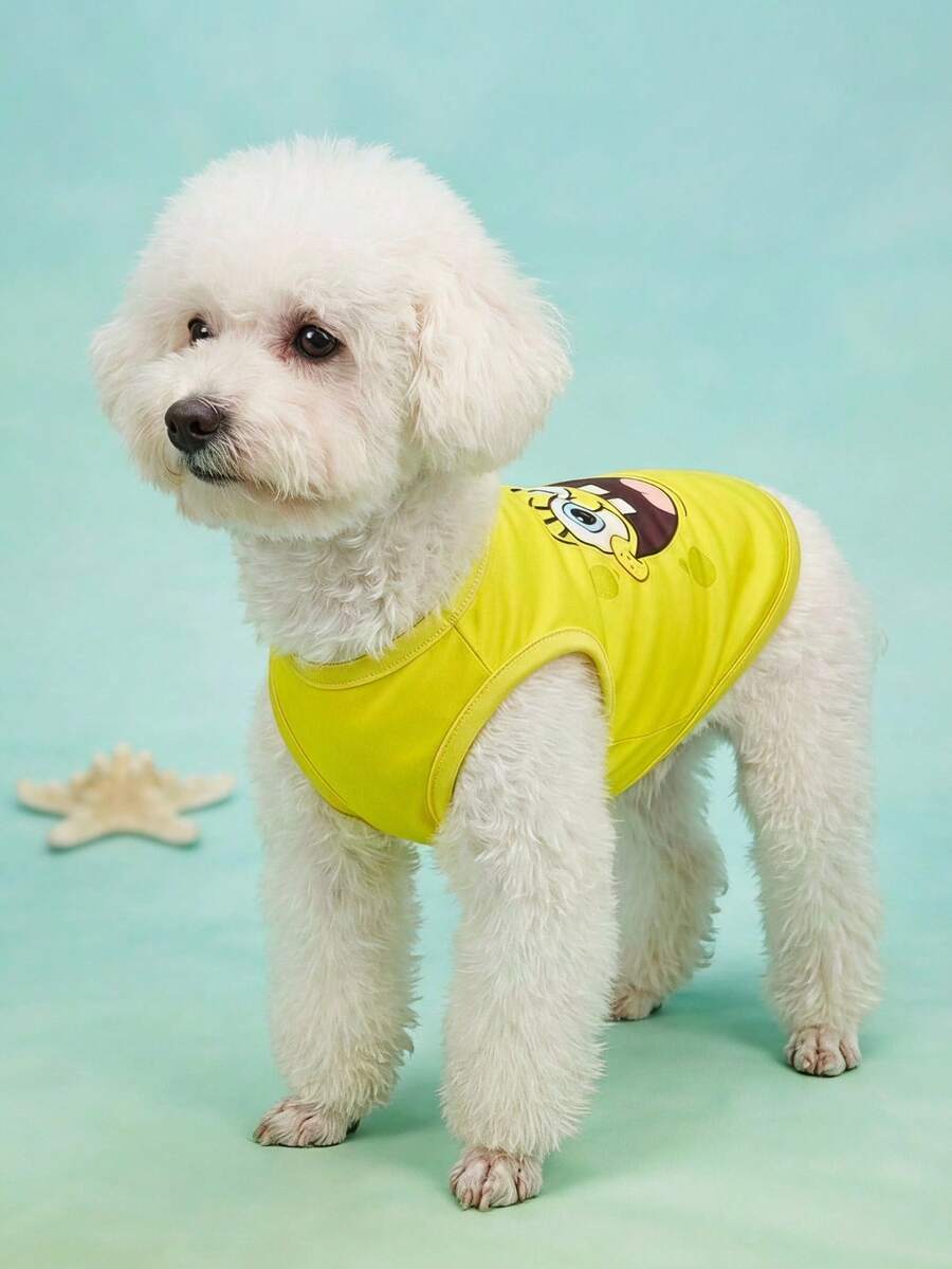 SpongeBob SquarePants | PETSIN 1件可爱浓眉、大白眼、印花牙齿宠物背心,柔软透气,亲肤,黄色猫狗宠物服装 - 黃色 - 查看 1