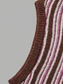 Women's Brown Pink White Colorblock Striped Knit Sweater, Vintage Round Neck Raglan Long Sleeve Loose Soft Short Pullover Top, Knit Sweater For Women - Brown - View 5