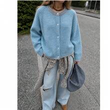 Cardigan Sweater Wanita Desain Garis-Garis Vintage Kasual Minimalis Musim Gugur/Dingin Terbaru - Biru - View 4