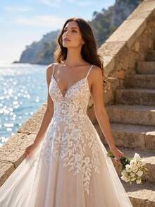 Elegant Sleeveless V-Neck Mesh Fabric Wedding Dress, Decorated With Applique, Long Formal A-Line Bridal Gown - Beige - View 4
