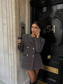 Women's Fashion Black Plaid Tweed Blazer, Double-Breasted Long Sleeve Regular Fit, Autumn Essential - Black and White - View 4