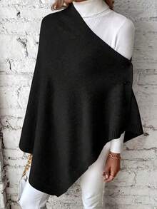 Women's Asymmetric Hem Knit Cape Sweater, Solid Color High Neck Side Button Detail Shawl Cape, This Versatile Shawl Can Be Styled In Multiple Ways Throughout The Year, Elegant Design, Solid Color Fabric, With Buttons, Suitable For Wearing In Air-Conditioned Environments. - Black - View 5