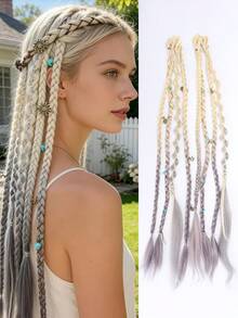 2pcs/Set 20-Inch Bohemian Style Braided Hair Extensions, 8-Strand Ombre Color Braids With Turquoise Beads, Festival Party Hair Accessories For Women - 彩色 - 查看 12