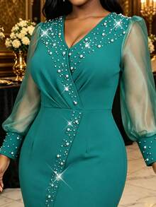 AOMEI Women's Elegant Luxury V-Neck Sheer Long Sleeve Pearl Embellished Fitted Slit Dress, Exuding Charming Allure Fall Wedding Party - Mint Green - View 2