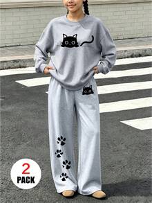 2pcs/Set Pakaian Kasual Remaja Perempuan, Termasuk Kaos Sweatshirt Leher Bulat Bergambar Kucing Kartun + Celana Panjang Lebar, Lembut dan Nyaman, Cocok untuk Dipakai di Musim Gugur/Musim Dingin - MultiWarna - View 1