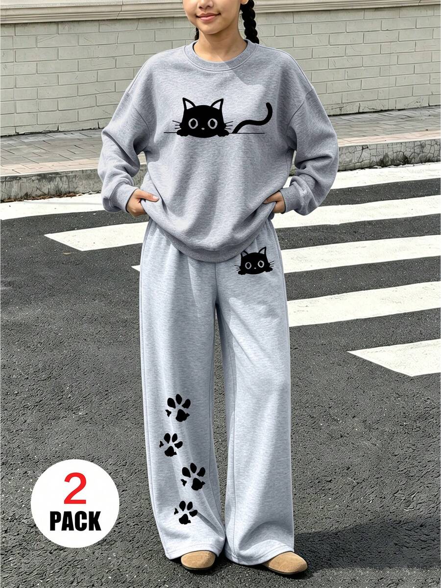 2pcs/Set Pakaian Kasual Remaja Perempuan, Termasuk Kaos Sweatshirt Leher Bulat Bergambar Kucing Kartun + Celana Panjang Lebar, Lembut dan Nyaman, Cocok untuk Dipakai di Musim Gugur/Musim Dingin - MultiWarna - View 1