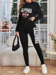 Women's 2-Piece Set Autumn/Winter American California Letter Print Long Sleeve Crew Neck Top And Slim Fit Long Pants, Perfect For Home Leisure, Yoga And Sports Wear - Black - View 3