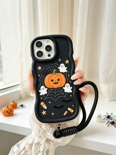 1pc Painted Pumpkin Ghost Bat Pattern Macaron Phone Case With Phone Lanyard, Suitable For Halloween Gift, 2026's Latest Hot-Selling Mobile Phone Case For Samsung Galaxy S25, S24, S24Plus/S24+, S24Ultra, S24FE, S20, S21, S22, S23, For IPhone 11/11 Pro/11 Pro Max/12/12 Pro/12 Pro Max/13/13 Pro/13 Pro Max/14/14 Pro/14 Pro Max/15/15 Pro/15 Pro Max/16/16 Pro/16 Pro Max/IPhone16E, Shaped Grip And Military Shockproof Protection, Silicone Case