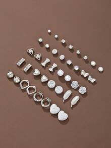 20 Pairs Shiny Rhinestone Faux Pearl Heart & Butterfly Stud Earrings Set, Unique Designs, Women's Jewelry For Daily Wear, Dating, Party, Outing, Holiday Gift - Silver - View 4