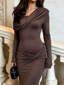 Gaun Pesta Elegan Lengan Panjang Wanita Musim Gugur/Dingin, Model Pas Badan, Bahu Asimetris, Desain Berkerut Asimetris, Detail Kancing Depan, Hem Model Duyung, Cokelat - Coklat - View 4