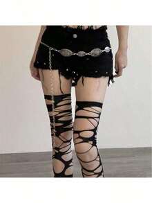 1/2 Pairs Gothic Fishnet Socks, Punk Style Ripped Asymmetric Hollow Out Y2K Lolita Sexy Spider Web Socks, Suitable For Women - Black - View 4
