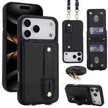 OUKNOEO 時尚人造皮革斜挎手機包，相容 iPhone 18 17e Air 16e 15 14 13 Pro Max Plus S26 S25 Edge S24 Ultra A37 A57 Z Fold 7 6 5 4，附手腕帶與長掛繩 - 黑色 - 查看 64