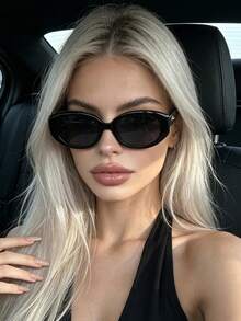1pc Large Frame Oval Vintage Fashion Glasses, Rimless Multi-Purpose Women's Eyewear, Suitable For Travel, Holidays, Street Photography, Daily Wear, Beach Accessories - Black - View 3