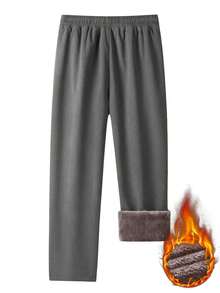 Men's Wool Lined Striped Sweatpants, Elastic Drawstring Waist Loose Straight Leg Pants, Thick Winter Casual Pants With Side Pockets - Grey - View 3