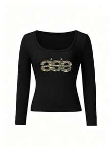New Spring/Autumn Short Long Sleeve T-Shirt Women Y2K Generation Fun Design Camouflage Print Korean Style U-Neck Versatile Casual Slim Fit Top - Black - View 5