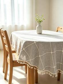 HXARTMIS 1pc Light Blue Gray Plaid Tassel Oval Tablecloth, Faux Linen Decorative Table Cover, Suitable For Dining Room Home Decor - Grey-blue - View 3