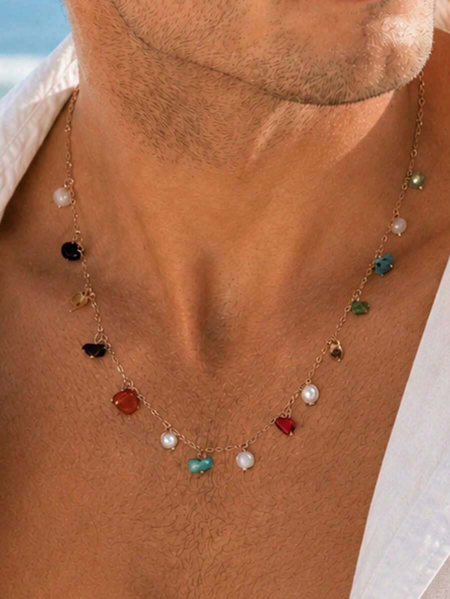 1pc Bohemian Natural Crushed Stone & Pearl Choker Necklace, Colorful Raw Stone Pendant Fine Chain Necklace, Beach Vacation Style Men's Neck Chain - Gold - View 1