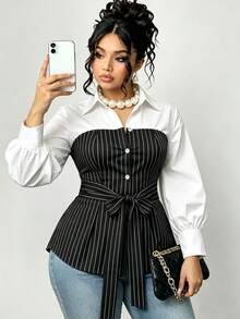 Camisa de botones a rayas y bloques de color estilo casual de negocios para tallas grandes - Multicolor - Ver 2
