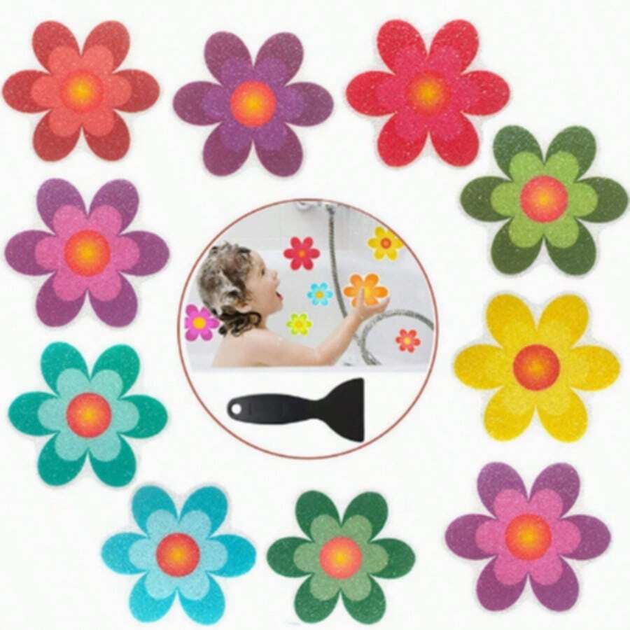 10pcs Non-Slip Flower Stickers For Bathroom Bathtub, Cartoon Letter Dog Paw Floral Design, Waterproof Anti-Slip PEVA Stickers