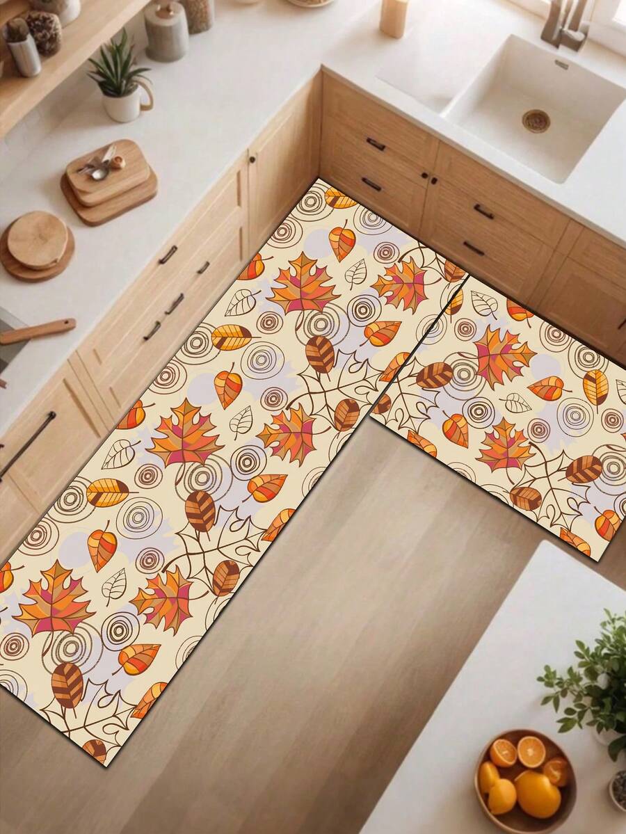1 Pc Red Maple Leaf Pattern Kitchen Mat, 3.5 Mm Soft Rubber That Absorbs Water And Is Easy To Clean. Suitable For Corridors, Bathrooms, Living Rooms, Outdoor Door Mats, And Toilets. Useable Throughout The Year And For Various Holidays. - Multicolor - View 1