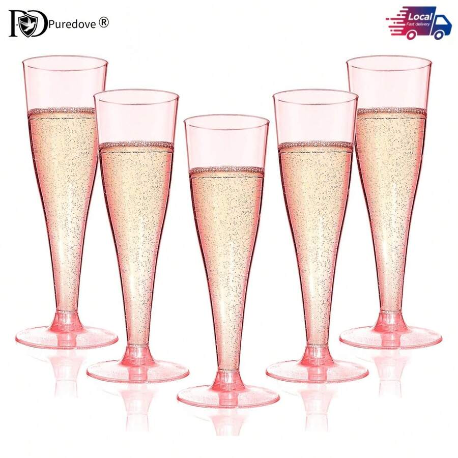 PUREDOVE Pink Champagne Flutes Plastic Wine Glasses Reusable, 25/50 Pack 4.5 Oz Mimosa Glasses For 2026 Engagement Wedding Birthday Back-To-School Party Supplies, Bulk Cocktail Toasting Cups - 粉色 - 查看 1
