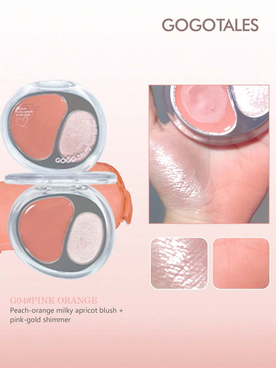 GOGO TALES GOGOTALES Dual-Tone Velvet Plumping Blush & Highlighter Palette, Expansion Color & Contour Color, Low Saturation Shimmer Highlighter, All-In-One Mini Portable Palette, Suitable For Natural Light Makeup & Daily Looks - G04#MERAH MUDA ORANYE - View 1